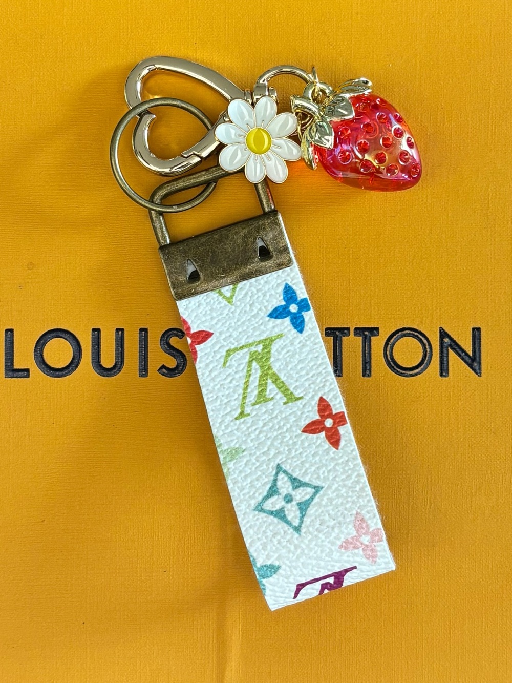Louis Vuitton Keychain, bag charm with strawberry and flower. Handmade 5 inches - Picture 3 of 3